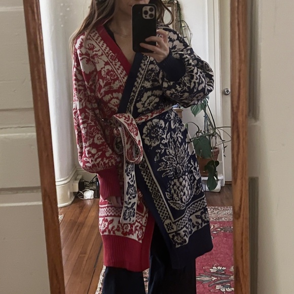 Farm Rio Garden Belted Cardigan Small Red & Blue - Picture 1 of 7
